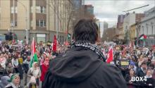 Lucas speaking at the Palestine demo